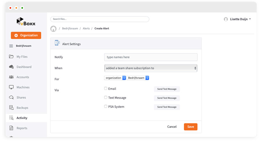 create activity alerts in vboxxcloud
