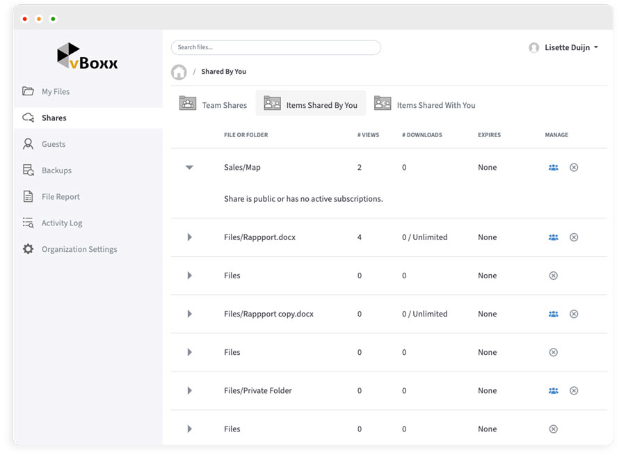 manage individual shares in vboxxcloud