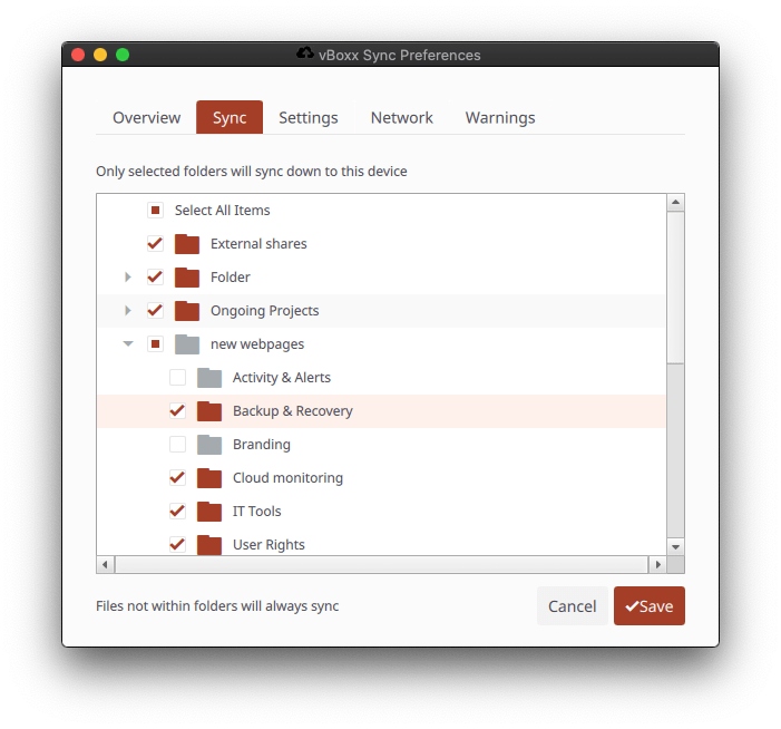 selective sync in vboxxcloud